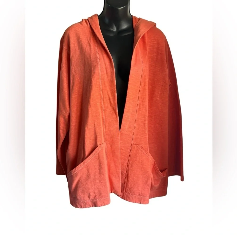 Orvis Orange open front cardigan with hoodie pockets sz L NWT 100% cotton